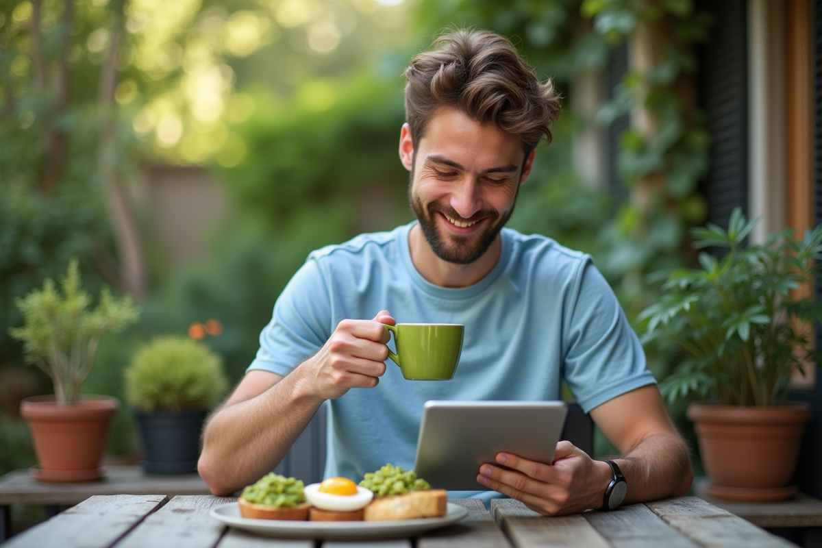 Jeune homme buvant du thé vert avec un petit déjeuner en extérieur