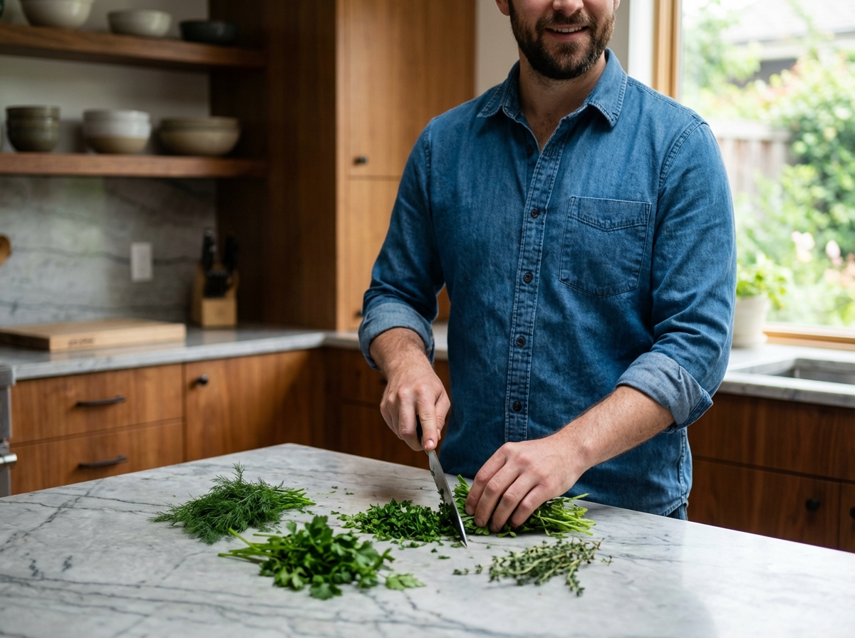 Jeune homme en cuisine préparant des herbes fraîches