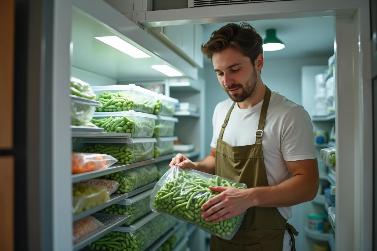 Jeune homme organisant des sacs de haricots verts dans le congélateur