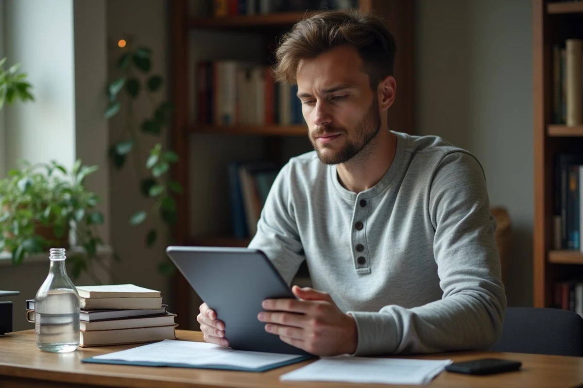 Jeune homme consultant des informations sur le statut halal du vinaigre d'alcool sur une tablette à son bureau