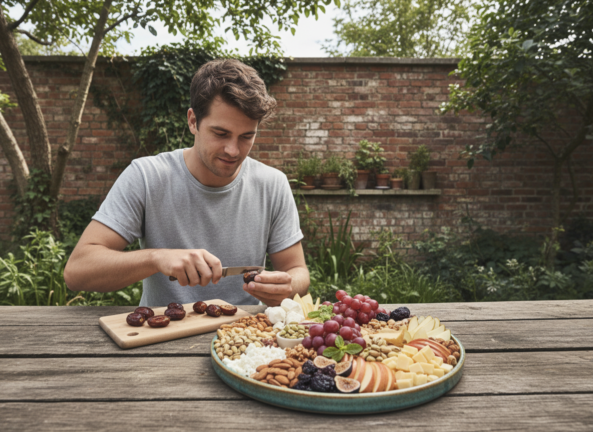 Jeune homme coupant des dates pour un mezze en extérieur