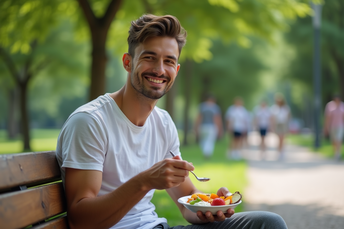 Jeune homme dégustant un snack de fruits au parc