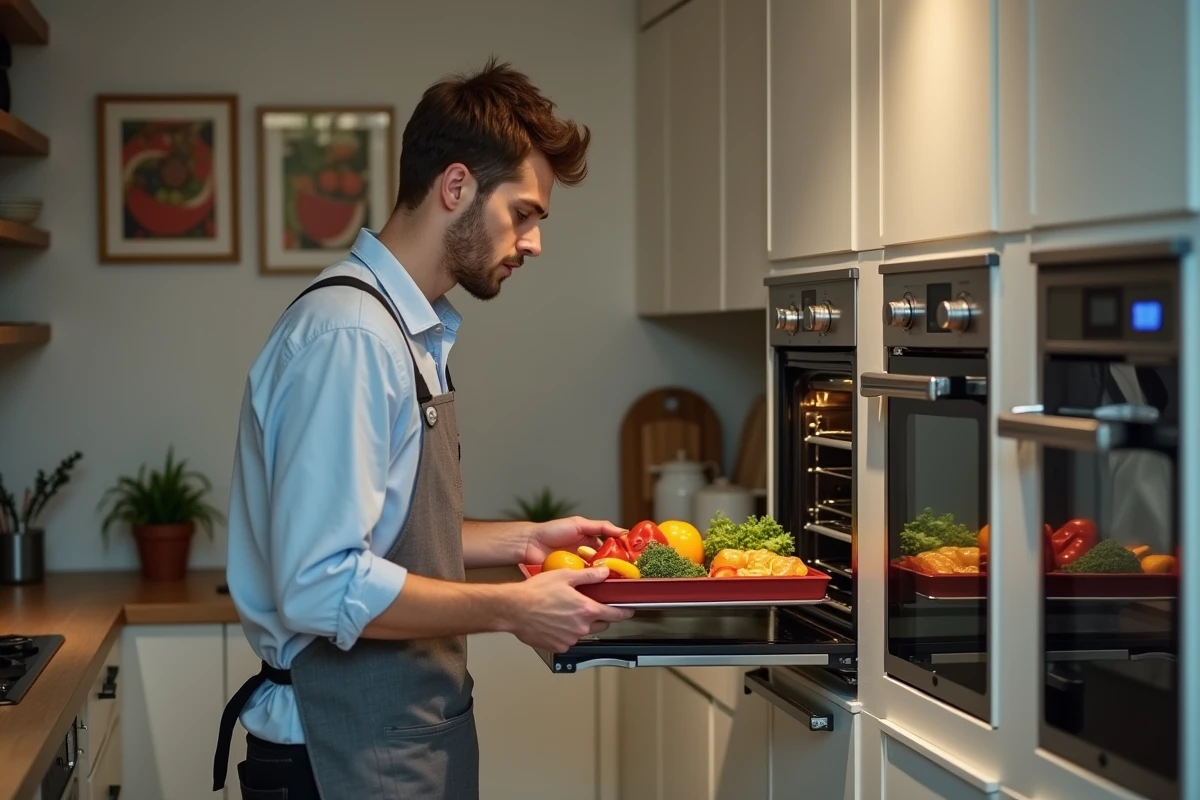 Jeune homme cuisinant avec four vapeur et convection