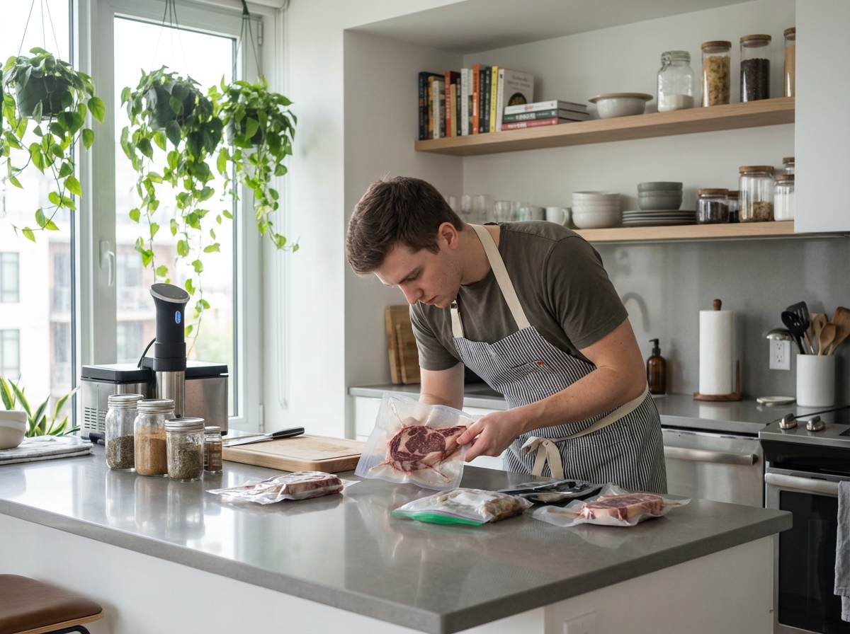 Jeune homme examine un steak sous vide dans la cuisine