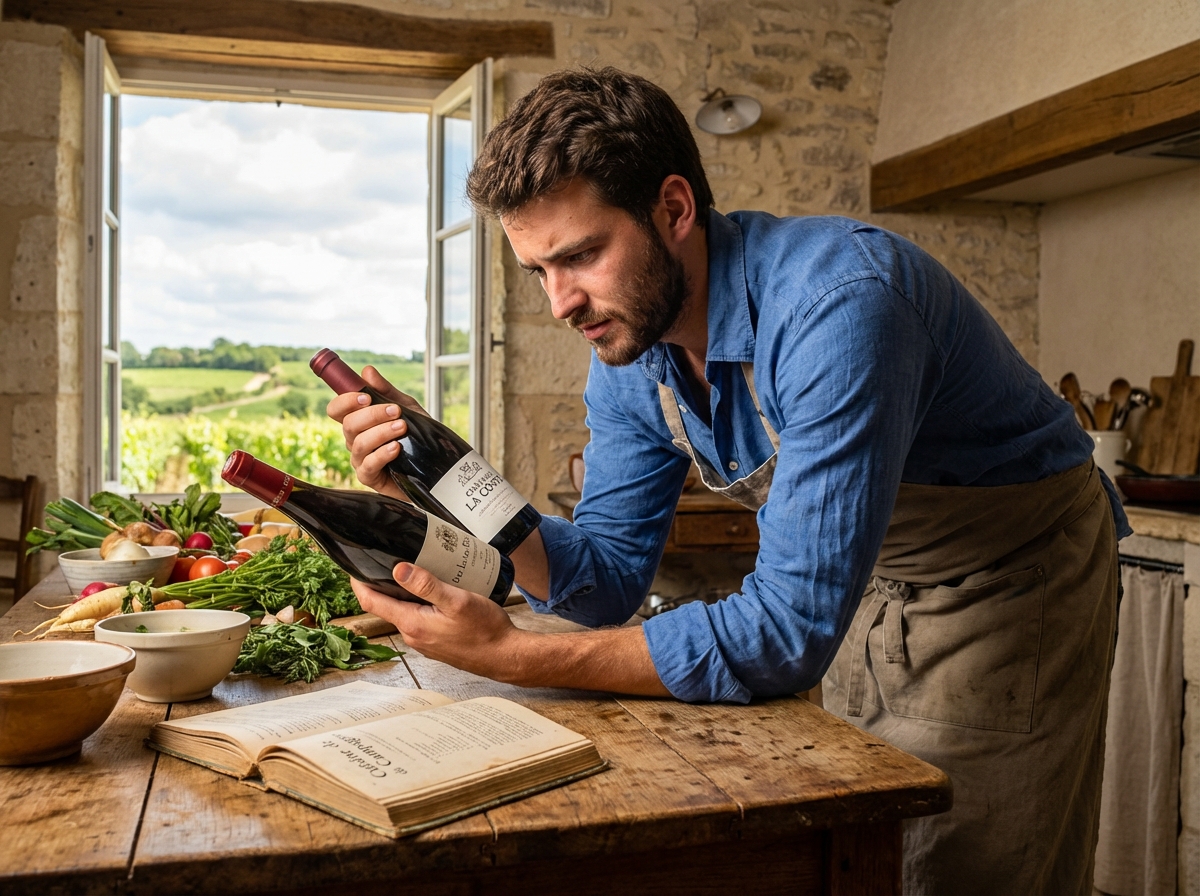 Jeune homme français examinant des bouteilles de vin dans la cuisine