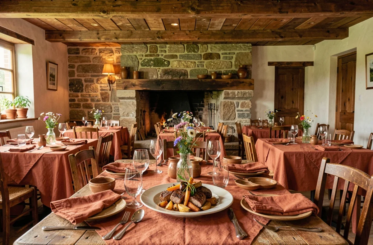 Salle chaleureuse et plat d'agneau régional à La Table de La Butte, restaurant gastronomique à Plouider