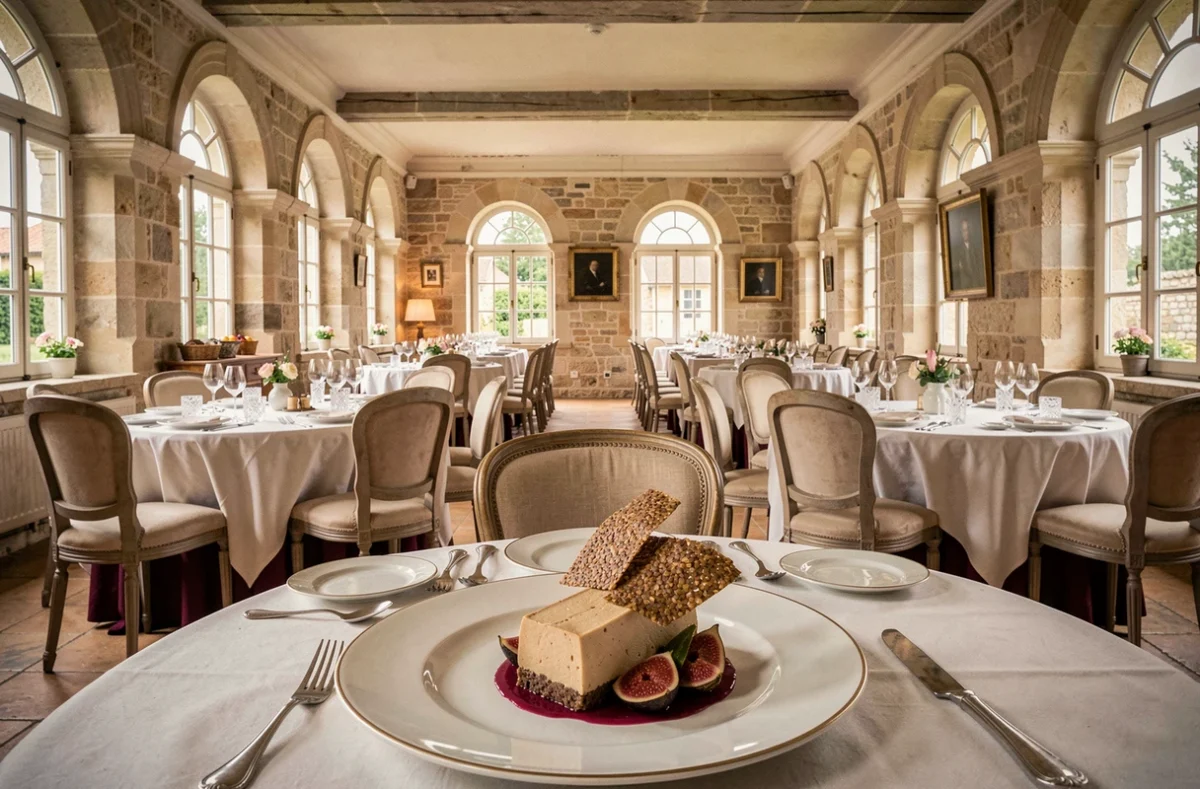 Salle de restaurant gastronomique et entrée de foie gras à La Table du Domaine du Liziec à Vannes
