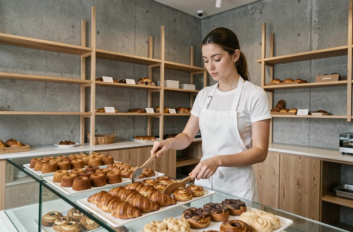 Intérieur contemporain de La Vernoiserie à Metz avec viennoiseries artisanales laminees disposées dans une vitrine en verre