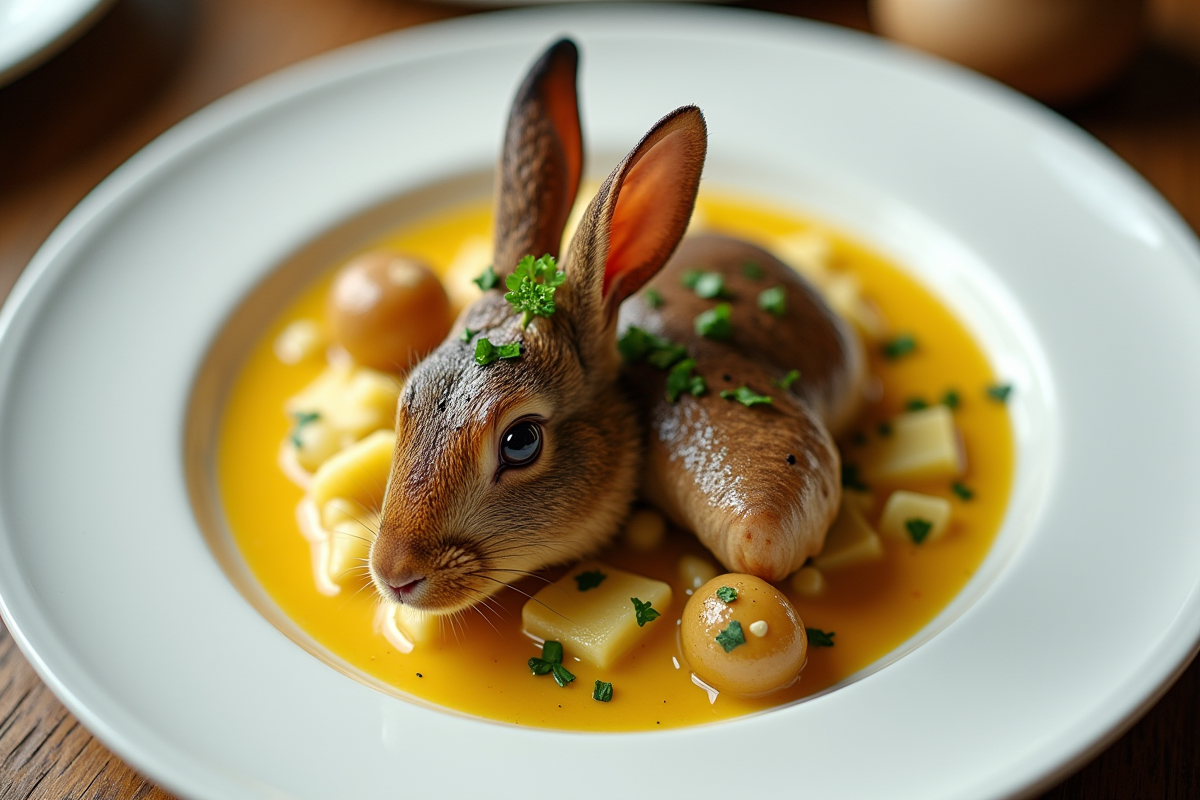 Gros plan sur le lapin à la moutarde avec herbes fraîches