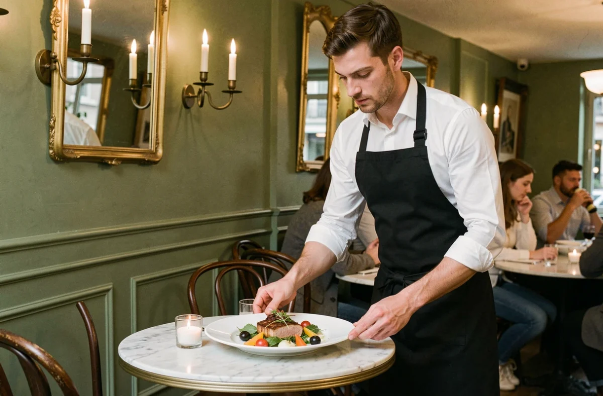 Serveur déposant une assiette gastronomique sur une table en marbre dans l'ambiance intime du restaurant Le Charmant à Saint-Ouen