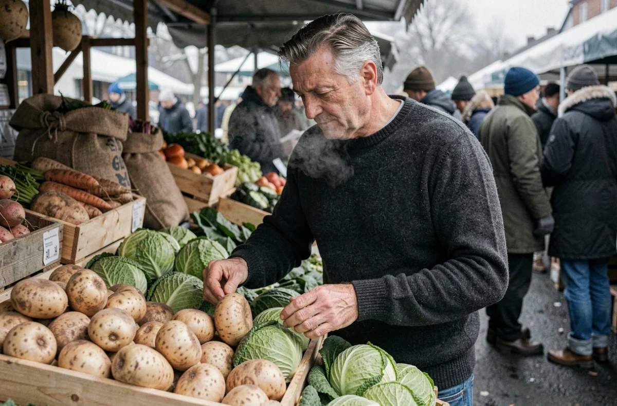 Homme choisissant des légumes d'hiver au marché fermier pour préparer des farcis, navets et choux de savoie en saison froide