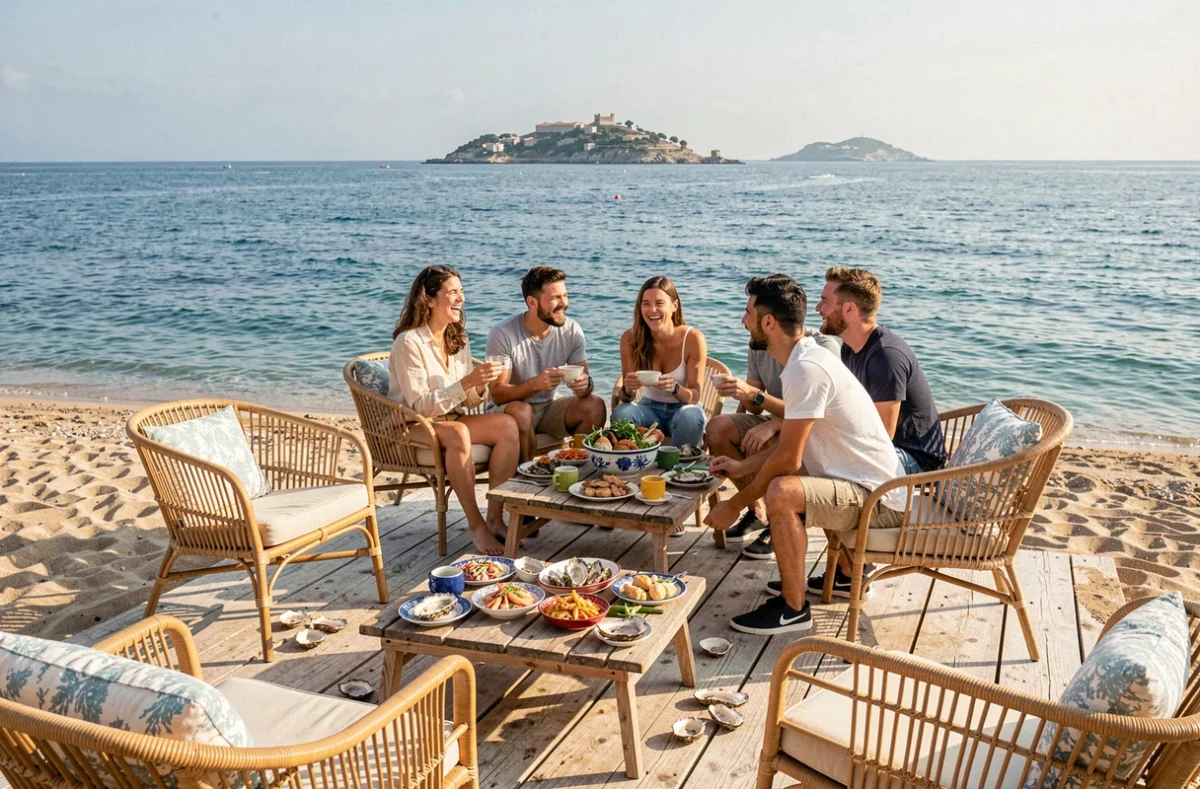 Restaurant Les Bords de Mer à Marseille avec terrasse en bois sur la plage et vue sur l'archipel du Frioul