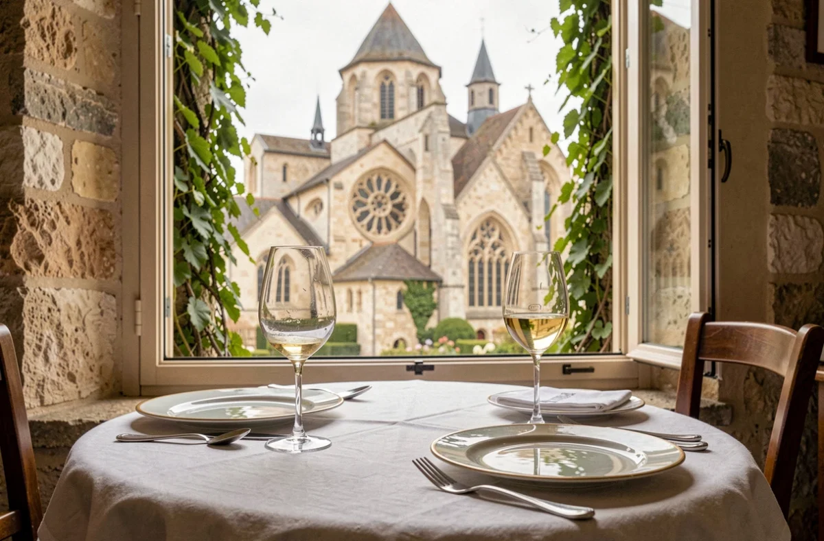 Table du restaurant étoilé Les Terrasses à Tournus avec vue sur l'abbaye Saint-Philibert, couverts fins et verre de vin blanc de Mâcon