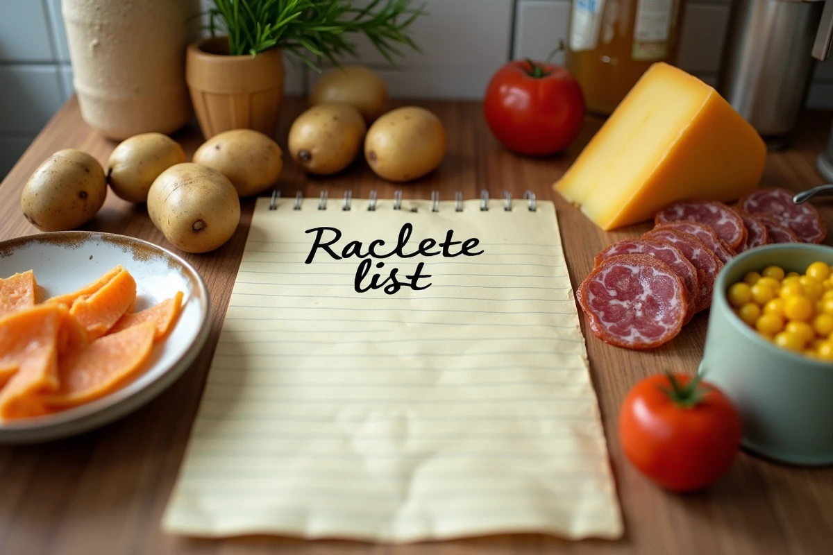 Liste de courses pour raclette avec aliments et emballages