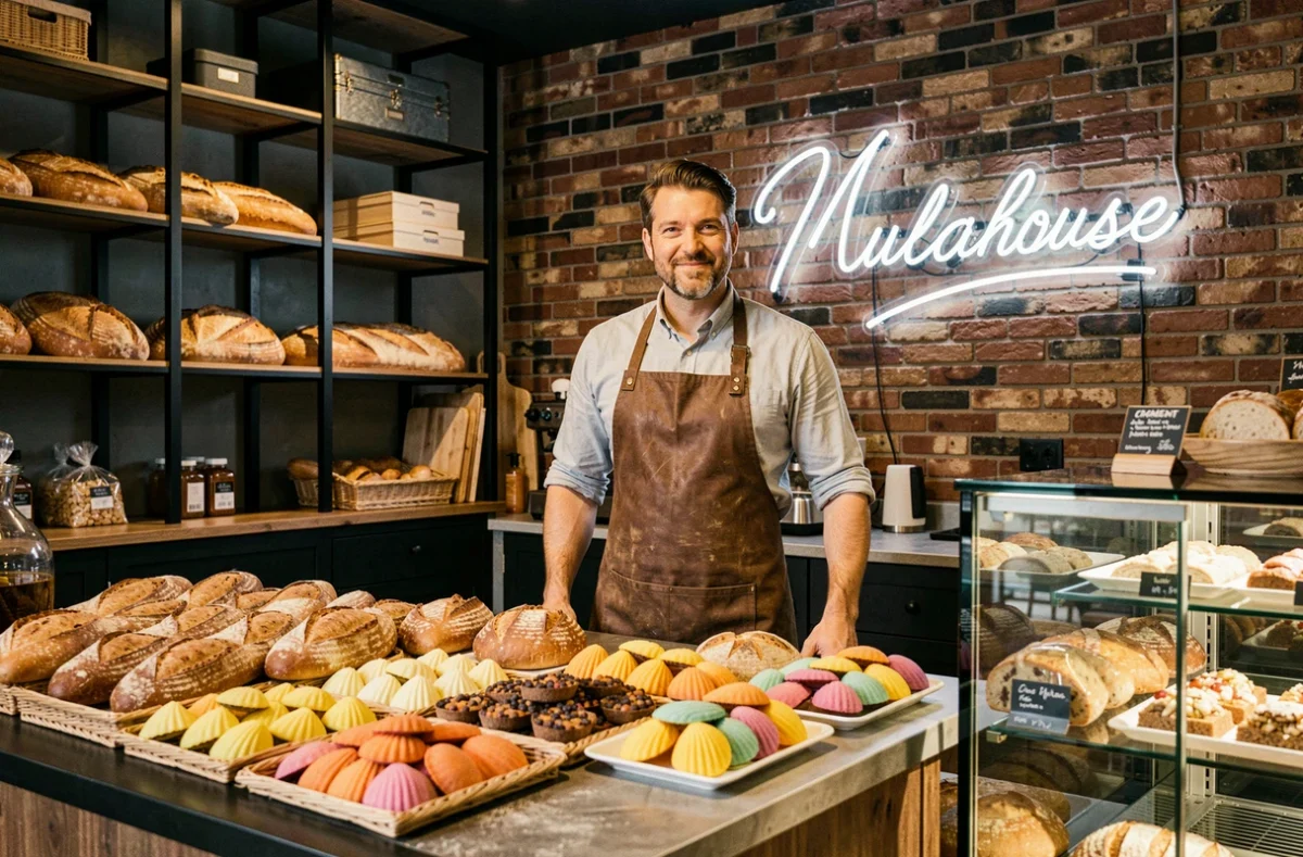 Boulanger de Ma Boulangerie by Riclin à Mulhouse derrière son comptoir moderne avec baguettes artisanales et décor en briques apparentes