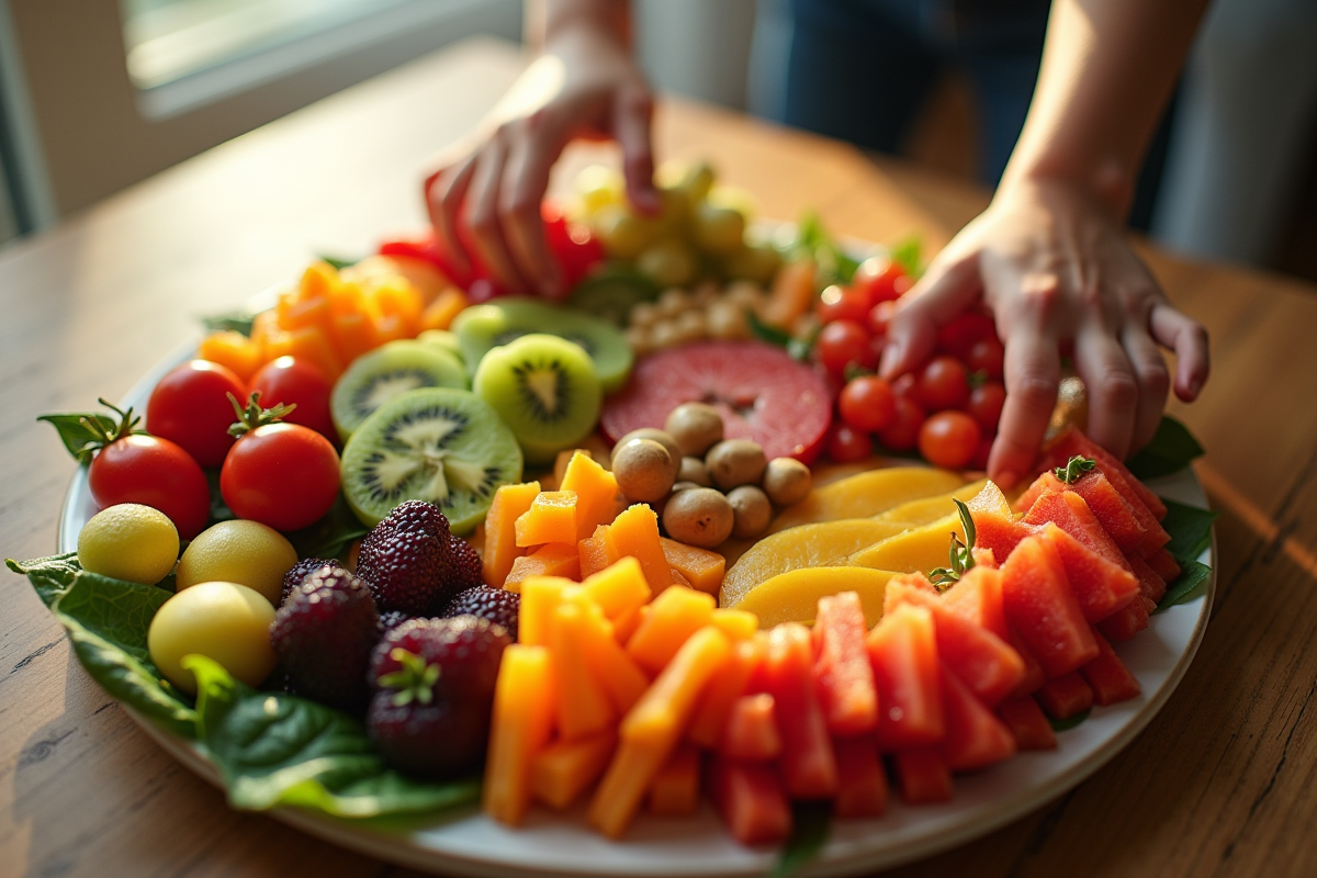 Petites mains atteignant un plateau de fruits et légumes en forme de U