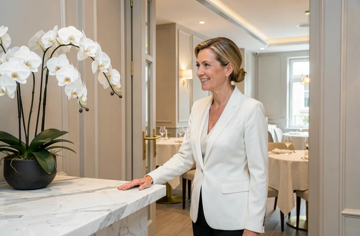 Maître d'hôtel en veste blanche accueillant des clients à l'entrée raffinée du restaurant Maison Blanche au Blanc-Mesnil