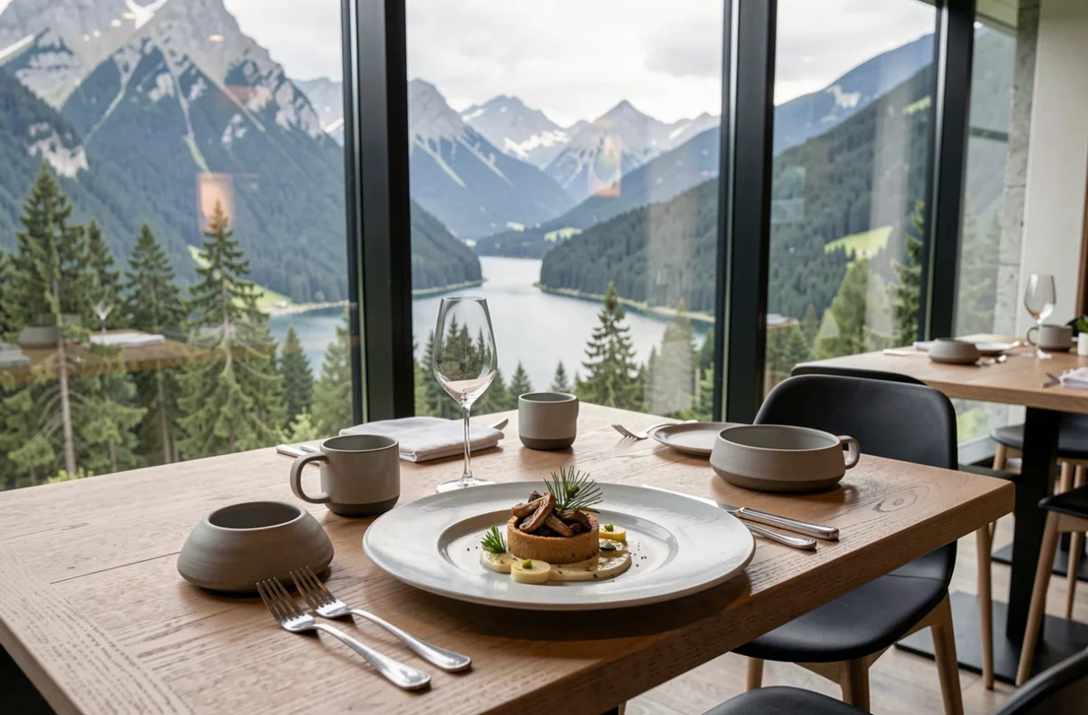 Salle gastronomique contemporaine de la Maison des Cimes à Malbuisson avec vue panoramique sur le lac de Saint-Point et les forêts du Jura, amuse-bouche de champignons forestiers