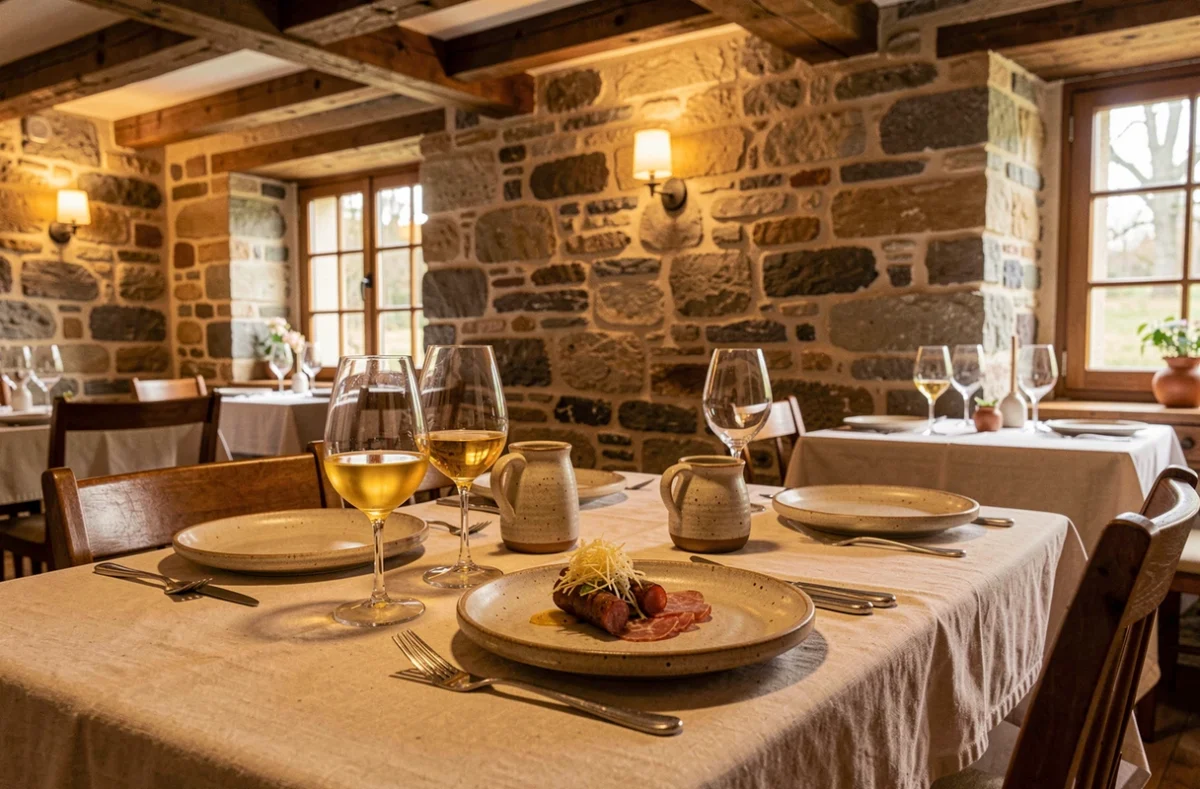 Table étoilée de Maison Jeunet à Arbois dans le Jura, avec vin jaune, Comté et saucisse fumée dans un cadre en pierre apparente et poutres basses