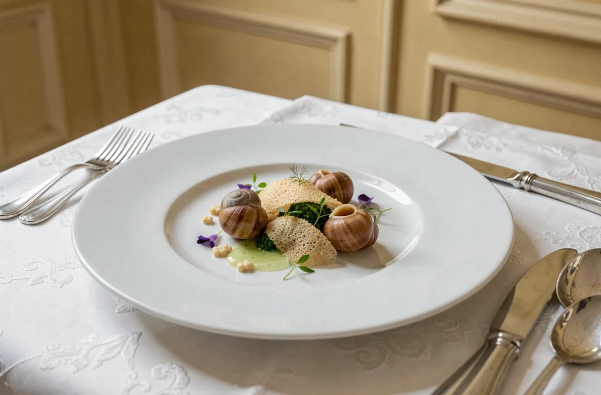 Assiette gastronomique trois étoiles de la Maison Lameloise à Chagny, composition raffinée avec escargots de Bourgogne, gel d'herbes et fleurs comestibles sur porcelaine blanche