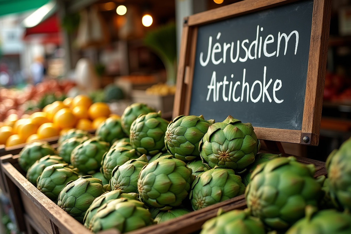 Marché avec artichauts de Jerusalem en étalage