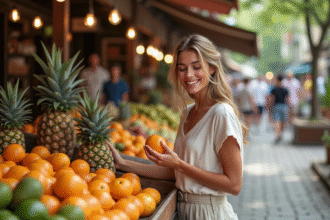 Jeune femme choisissant des fruits frais au marché