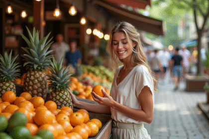 Jeune femme choisissant des fruits frais au marché