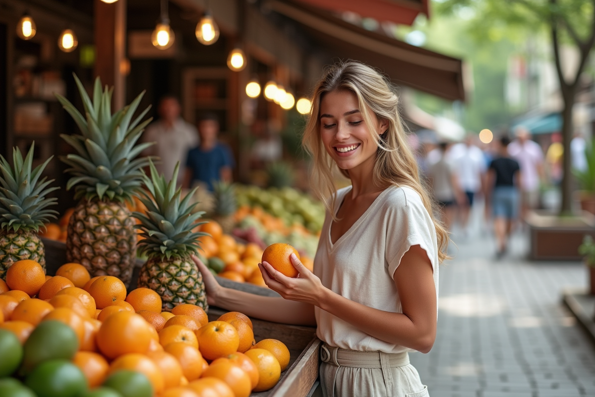 Jeune femme choisissant des fruits frais au marché
