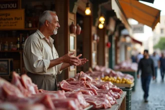 Marchand africain vendant de la viande halal au marché