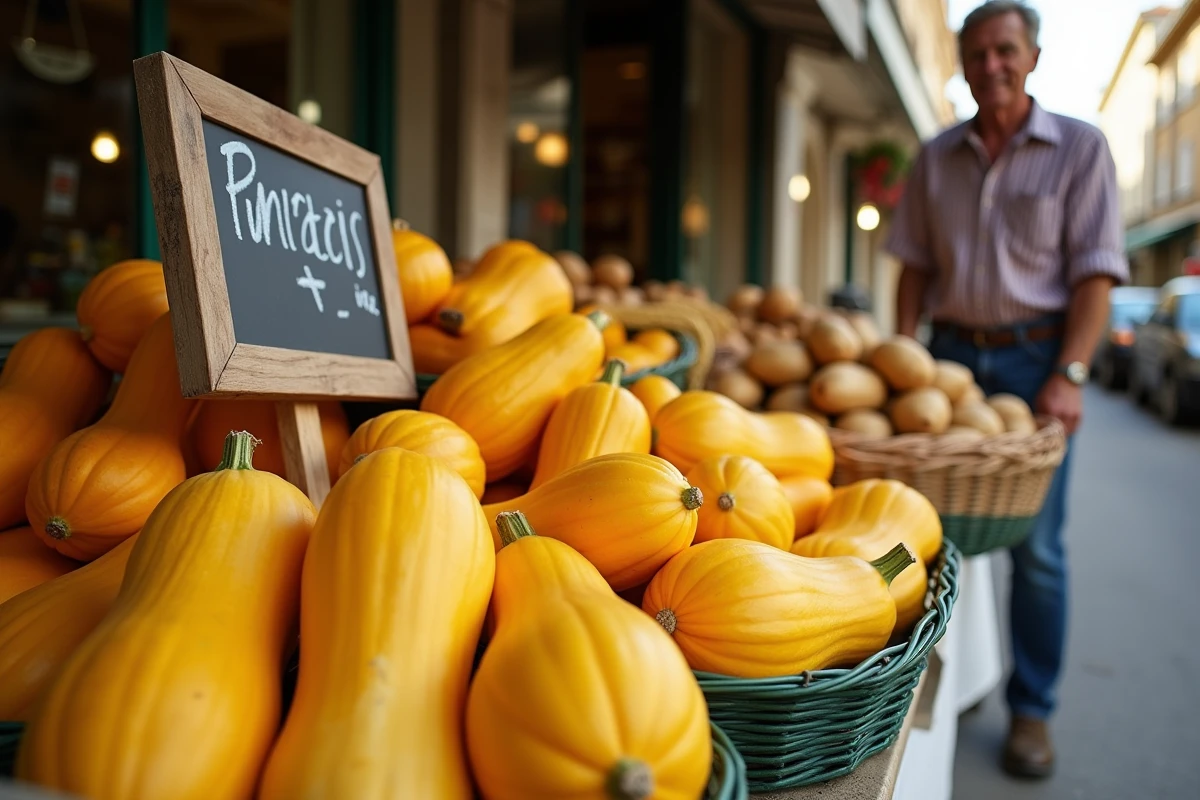 Étal de marché provençal avec des courges longues de Nice et des pommes de terre fraîches