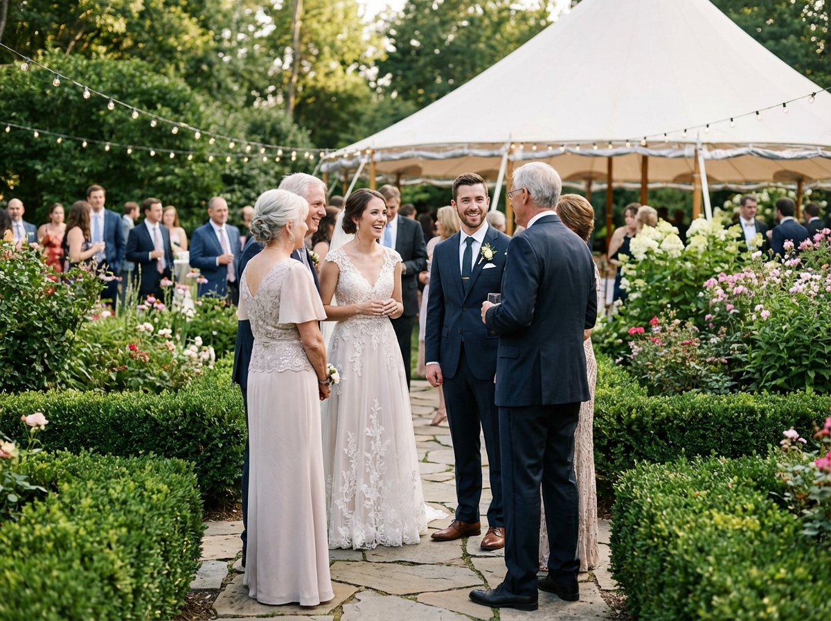 Jeune couple de mariés saluant leurs invités en extérieur