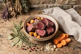 Bol en céramique rustique avec des morceaux de chevreuil marinés dans du vin rouge, entourés d'herbes et d'épices sur une table en chêne