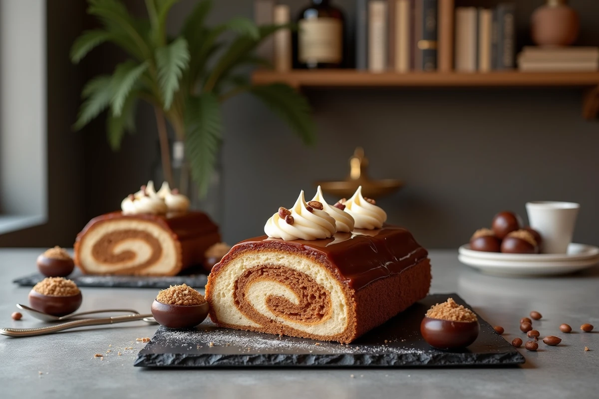 Gâteau glacé façon bûche avec crème de marron et décorations