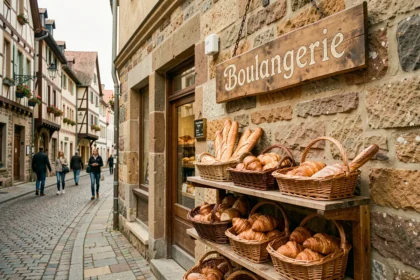 Devanture pittoresque d'une boulangerie traditionnelle dans le Grand Est avec baguettes et croissants exposés sur un étal en bois