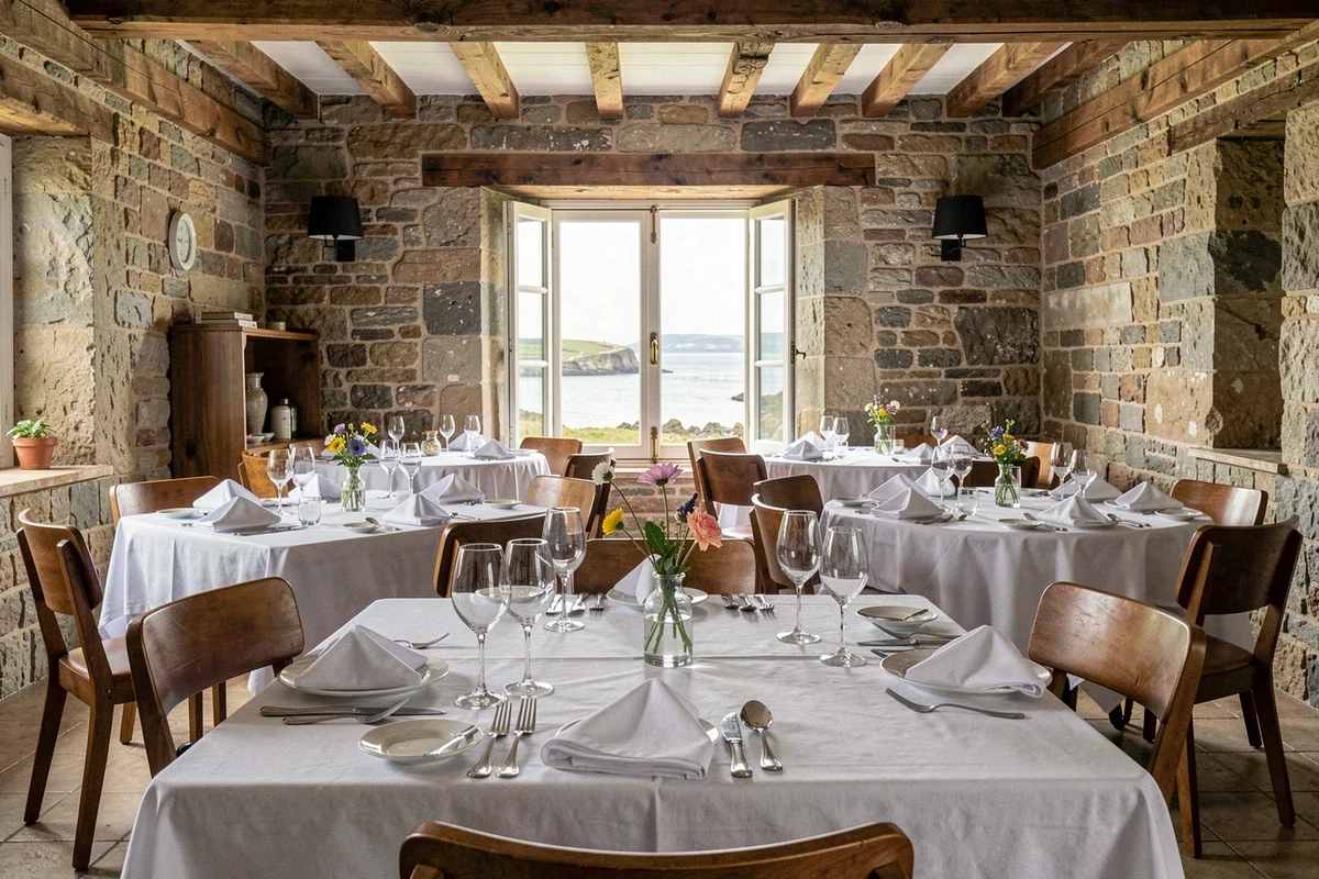 Salle de restaurant gastronomique breton avec murs en pierre, tables dressées avec élégance et vue sur la côte bretonne