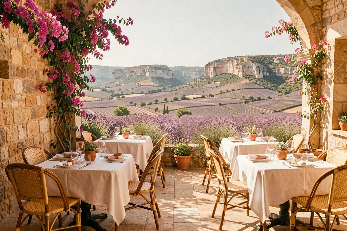 Terrasse panoramique d'un restaurant en Provence avec vue sur les collines et les champs de lavande, tables dressées en blanc et décor méditerranéen
