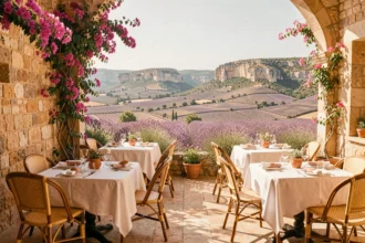 Terrasse panoramique d'un restaurant en Provence avec vue sur les collines et les champs de lavande, tables dressées en blanc et décor méditerranéen
