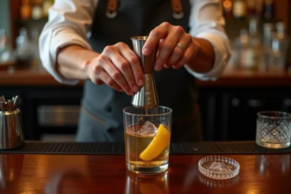 Barman mesurant précisément 5 cl de liquide dans un jigger gradué en millilitres sur un bar en acajou