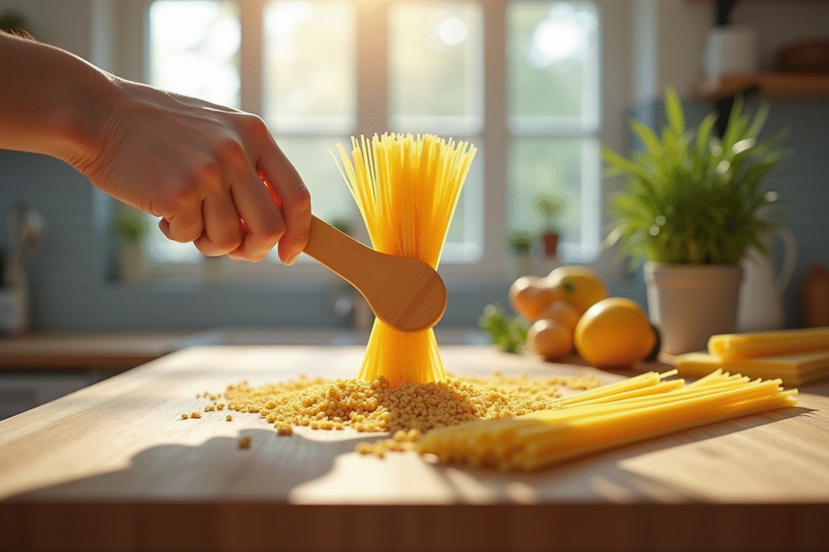 Personne mesurant des pâtes sèches dans une cuisine lumineuse