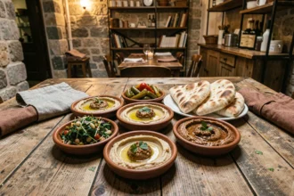 Assortiment de mezzés libanais servis sur table en bois dans un restaurant de la rue Mouffetard à Paris, avec houmous, taboulé et pain pita