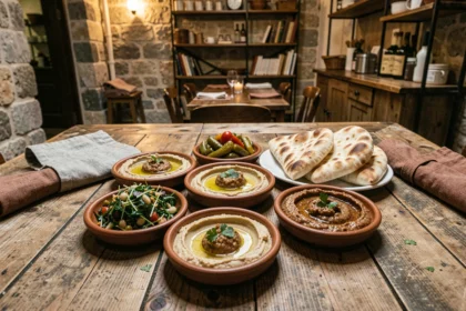 Assortiment de mezzés libanais servis sur table en bois dans un restaurant de la rue Mouffetard à Paris, avec houmous, taboulé et pain pita