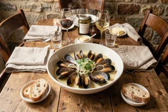 Grand bol de moules marinières en sauce vin blanc sur une table de repas festif pour quatre personnes dans un bistro français rustique
