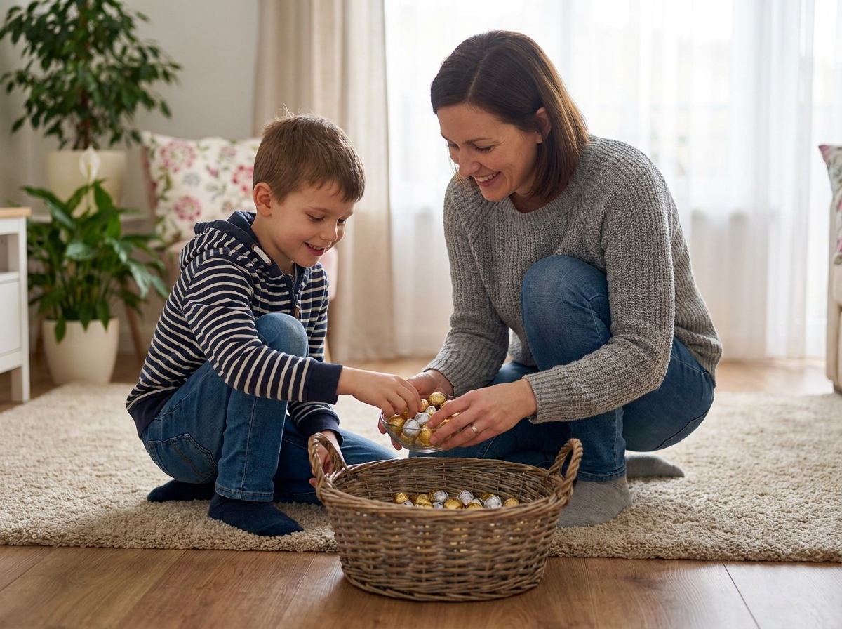 Mère et fils plaçant des chocolats dans un panier à la maison