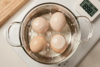 Œufs durs dans une casserole d'eau froide avec sel et vinaigre sur plaque de cuisson moderne