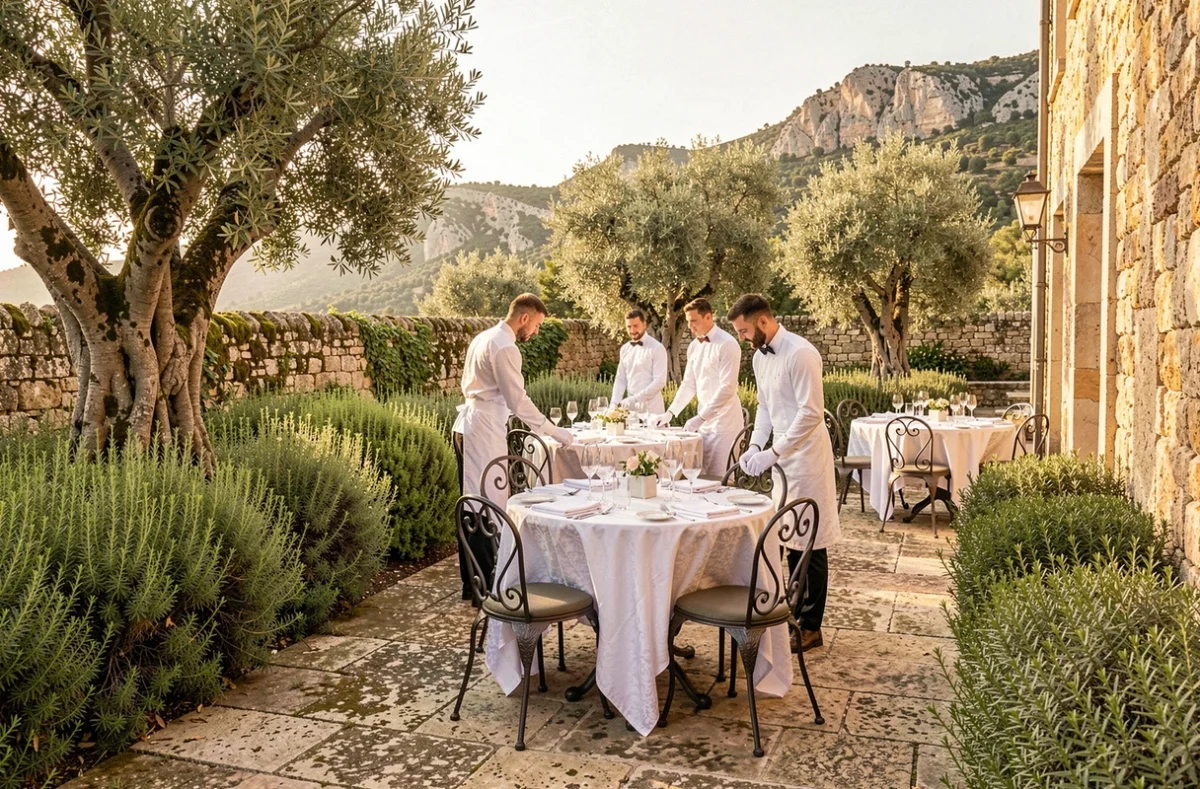 Terrasse gastronomique de l'Oustau de Baumanière aux Baux-de-Provence avec oliviers centenaires, mobilier en fer forgé et vue sur les Alpilles