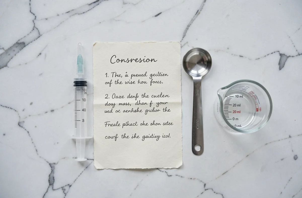 Vue de dessus d'outils de mesure en millilitres et centilitres sur marbre blanc avec note de conversion manuscrite