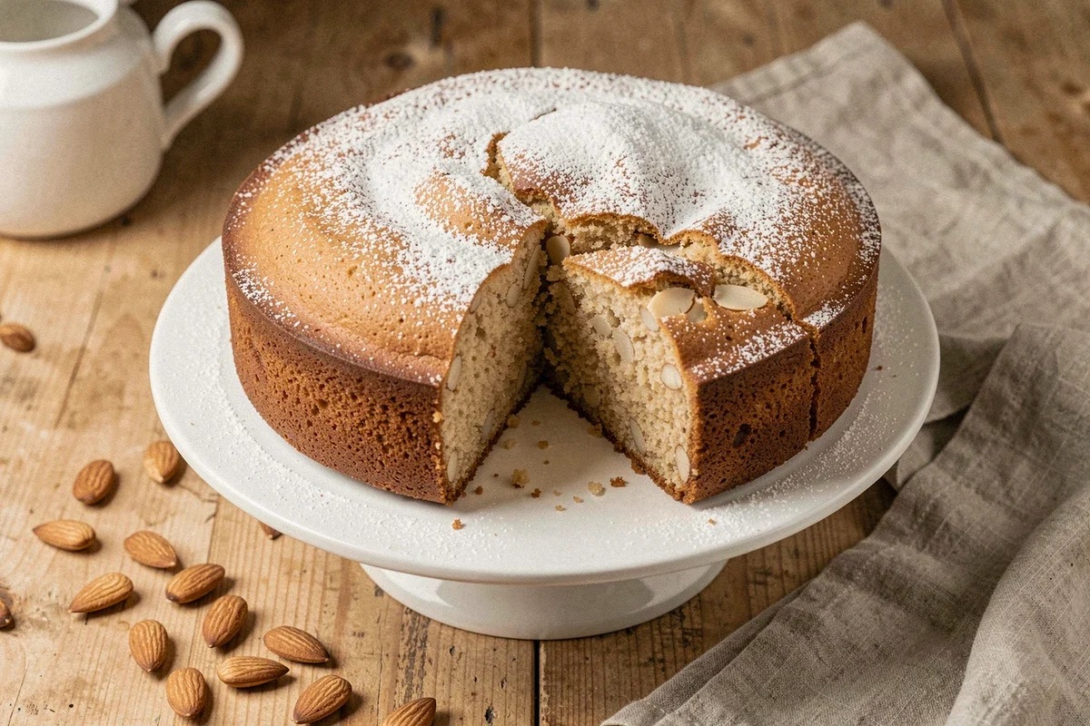 Pain de gênes classique posé sur un présentoir en céramique blanche avec une tranche découpée révélant la texture moelleuse à la pâte d'amande