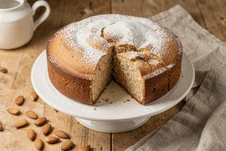 Pain de gênes classique posé sur un présentoir en céramique blanche avec une tranche découpée révélant la texture moelleuse à la pâte d'amande