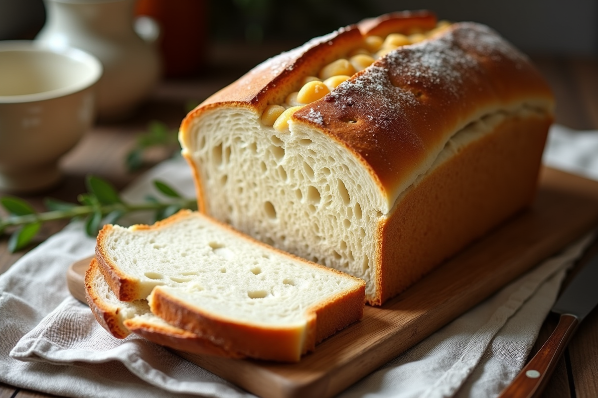 Pain rustique tranché avec croûte dorée sur linge en lin