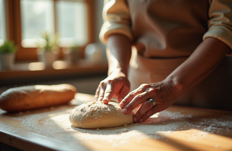 Mains d'une personne âgée pétrissant une pâte à pain rustique